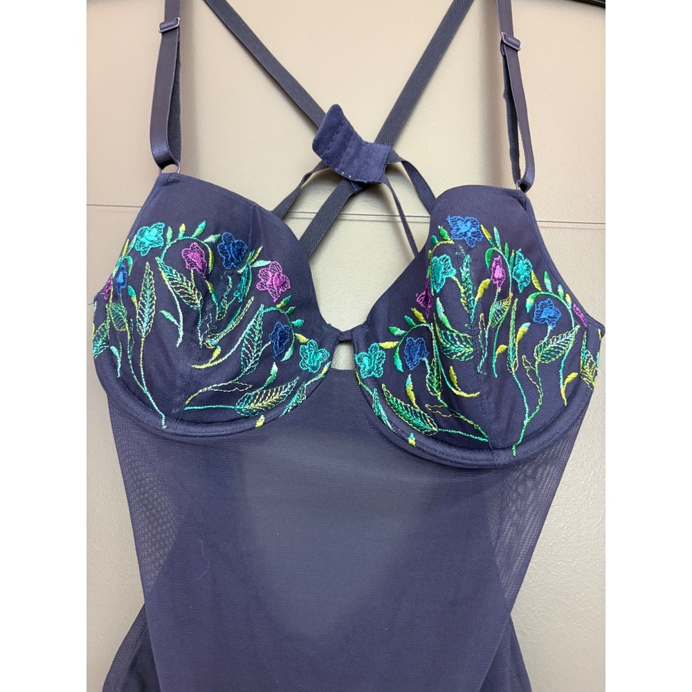 Victoria's Secret NEW floral  Embroidered Mesh Bodysuit Navy Blue 34C 0562 - Picture 3 of 9